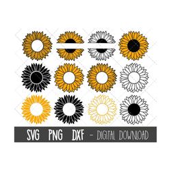Sunflower SVG bundle, sunflower monogram svg, sunflower clipart png, sunflower split name frame, sun flower cricut silho