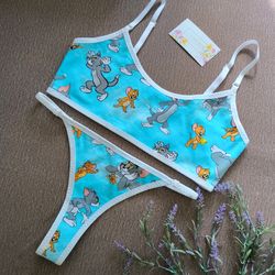 cotton underwear set "cat and mouse" | bra, bralette and panties| underwear with print