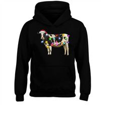 hoodie (5254) christmas cow heifer santa hat lights decor matching family hoodies cute cow lovers xmas holiday elf costu