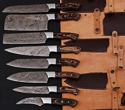 custom handmade damascus steel chef's kitchen knife set with leather roll bag-gift for her