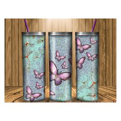 20 oz skinny tumbler glitter butterflies, butterfly tumbler design, 20 oz skinny tumbler wrap, butterfly png, turquoise