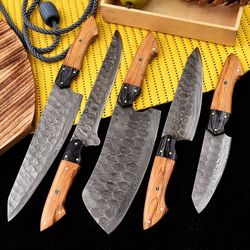 custom handmade damascus steel chef's kitchen knife set with leather roll bag-gift for her