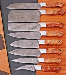 custom handmade damascus steel chef's kitchen knife set with leather roll bag-gift for her