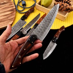 custom handmade damascus steel chef's kitchen knife set with leather roll bag-gift for her