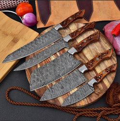 custom handmade damascus steel chef's kitchen knife set with leather roll bag-gift for her