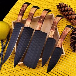 custom handmade stainless steel black epoxy powder coated chef's kitchen knife set with leather roll bag-gift for her