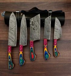 custom handmade damascus steel chef's kitchen knife set with leather roll bag-gift for her