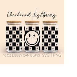 checkered smiley lightning bolt libbey can glass svg, 16 oz can glass, checkered pattern svg, aesthetic svg, checkered s