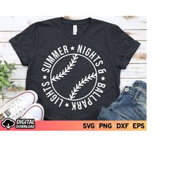 summer nights & ballpark lights svg, funny baseball svg, baseball mom svg, baseball shirt svg, baseball vibes svg, retro