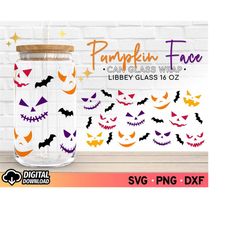 libby glass can pumpkin face svg, halloween libbey svg, fall can glass svg, fall libbey glass, 16oz glass can wrap svg,