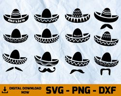 mexican sombrero hat with moustache svg, mexican sombrero hat svg bundle, moustache svg