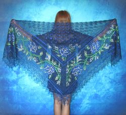 dark blue embroidered orenburg russian shawl, hand knit wool wrap, wedding stole, warm bridal cape, kerchief, big scarf