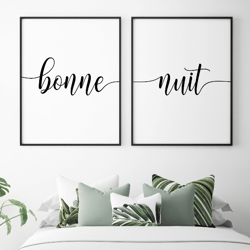 bonne nuit print, bedroom wall art, set of 2 prints, french nursery print, set of prints, bedroom wall decor, printable