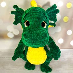 cute crochet plush dragon, handmade green dragon toy, amigurumi dragon toy, stuffed fantasy animal toy