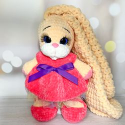 charming stuffed bunny toy plush, removable pink dress & accessories, amigurumi plush rabbit with long ears