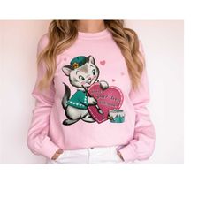 Retro Valentines Day Sweatshirts, Gift for Cat Lover Cat Valentines Shirt Gift for Her, Women's Vintage Valentines Sweat