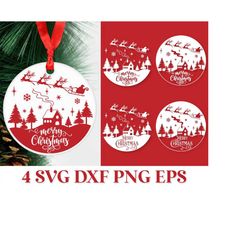 merry christmas round svg, christmas ornament svg, winter scene svg,  santa reindeer ornament svg, christmas village svg