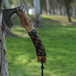 13 inches handmade mini carbon steel viking axe hatchet axe engraved high carbon steel axe, leather wrapped on h