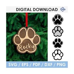 dog paw ornament svg, with name, christmas ornament svg, personalized, laser cut file, glowforge, cricut, silhouette, in