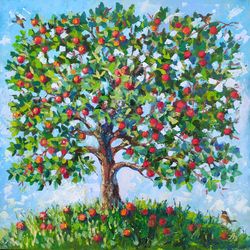 apple tree painting fruit garden original art canvas tree wall art bird painting