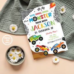 personalized file monster truck invitation png, monster truck birthday invites png,instant download monster truck invita