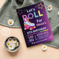 personalized file skate party birthday invitation png, party invitation girl boy roller skating png, retro neon lights