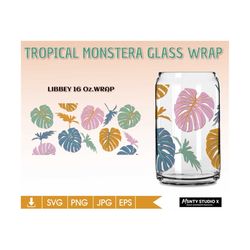 tropical monstera leaf can glass wrap svg ,libbey 16oz can glass svg, coffee glass can, beer glass svg png dxf,for circu