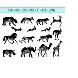 nature animals svg, animals with floral field svg, silhouette, wild animals svg, file for cricut, nature clipart png, an