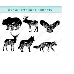 nature animals svg, animals with flower svg, silhouette, wild animals svg, file for cricut, nature clipart png, animals