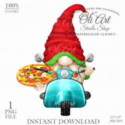 pizza deliveryman gnome clipart, motorbike, gnome images. gnomes graphics. cute gnome png. gnome digital download