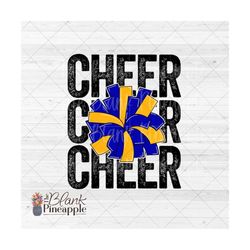 Cheer Design PNG, Distressed Cheer with Royal Blue and Yellow Gold Pom Pom, Cheer sublimation design PNG, Cheerleading d