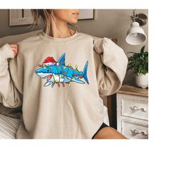 christmas shark shirt, funny christmas shirt, santa hat shark christmas sweatshirt , animal christmas lights santa shirt