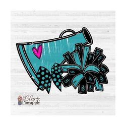 Cheer Design PNG, Cheer Megaphone and Pom Poms with Bow in Teal and Black PNG, Cheer Sublimation PNG, Cheerleading desig