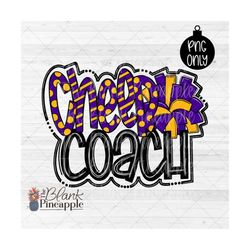 cheerleading design png, cheer coach with pom pom in purple and yellow png, cheerleading sublimation design, cheer shirt