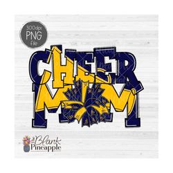 cheer design png, cheer mom megaphone and pom pom in navy blue and yellow png, 300dpi cheer mom shirt design, cheer subl