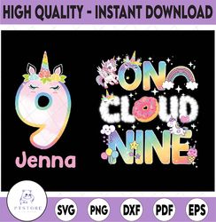 custom name and age birthday girl retro on cloud nine flower birthday png, birthday girl unicorn png, digital download