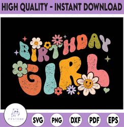 floral retro birthday girl svg, groovy birthday princess svg, summer birthday party shirt design cute bday cut file