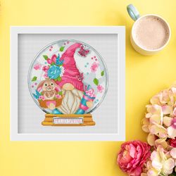 hello spring, cross stitch pattern, gnome cross stitch,  flowers cross stitch, easter cross stitch