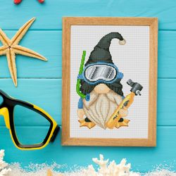 diving gnome, cross stitch pattern, gnome cross stitch,  snorkeling cross stitch