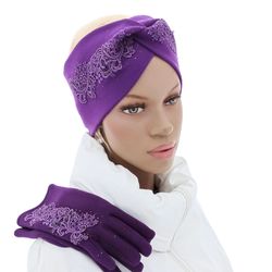 set of 2: purple double headband and gloves. embroidered headband and gloves. headband and gloves with crystals.