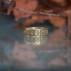 futhark rune ring in brass. pagan handcrafted jewelry. traditional viking design. scandinavian man accessory.