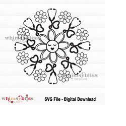 Happy Face Flowers Stethoscope Mandala, SVG File, Digital Download Only, Nurse stethoscope svg for cricut/silhouette, di