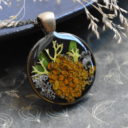 real lichen pendant. forest necklace. dried mushroom jewelry.