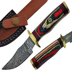 top quality handmade damascus steel hunting knife wooden handle with leather sheath, best gift for men, gift for him