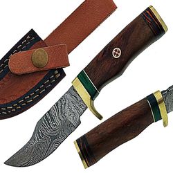 top quality handmade damascus steel hunting knife wooden handle with leather sheath, best gift for men, gift for him