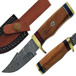 top quality handmade damascus steel hunting knife wooden handle with leather sheath, best gift for men, gift for him