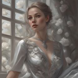 digital art, illustration. the girl by the window, silver 2. hyper-detailed painting. digital download!