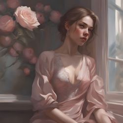 digital art, illustration. the girl by the window, rose. hyper-detailed painting. digital download!