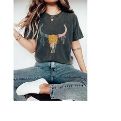 bull skull shirt, boho cow skull comfort colors tshirt, western graphic longhorn tee, trendy cowgirl tee, southwest texa