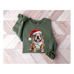 bulldog christmas hat sweatshirt, christmas bulldog shirt, christmas dog sweater, happy new year dog, christmas lights t